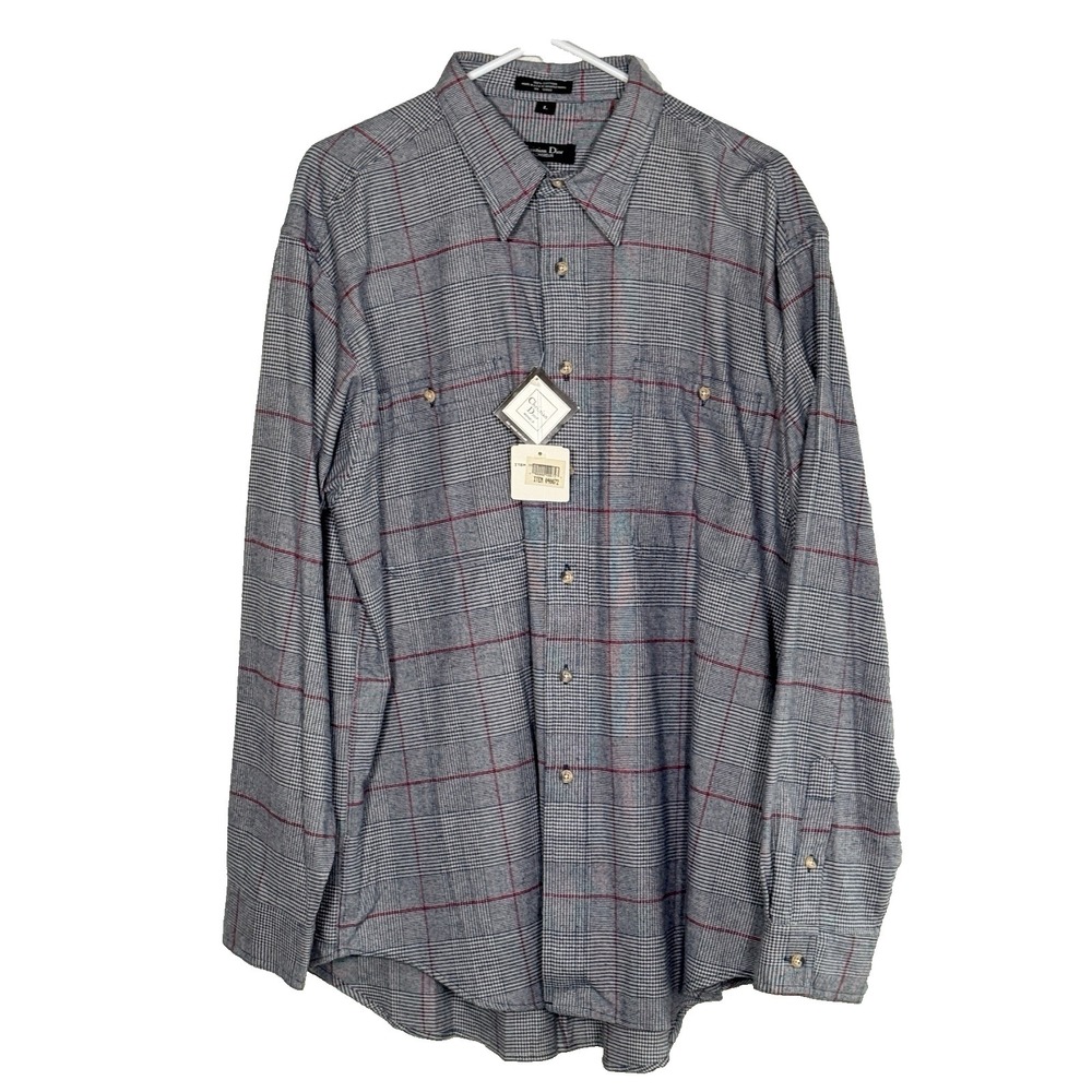 Vintage Christian Dior Monsieur Plaid Shirt Mens L Cotton Button Up USA 90s - Picture 2 of 14